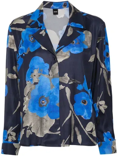 Hugo Boss Floral-print Shirt In Blue