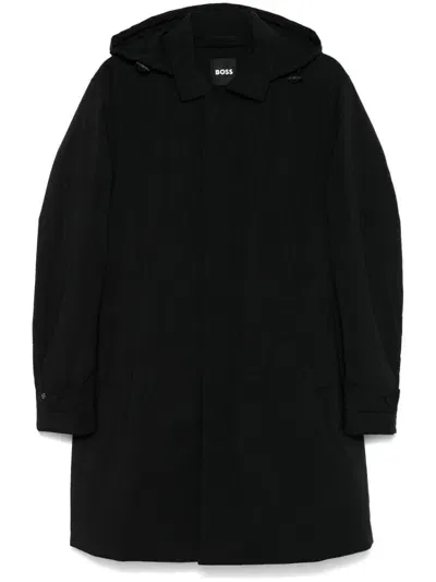 Hugo Boss Hooded Coat In Black