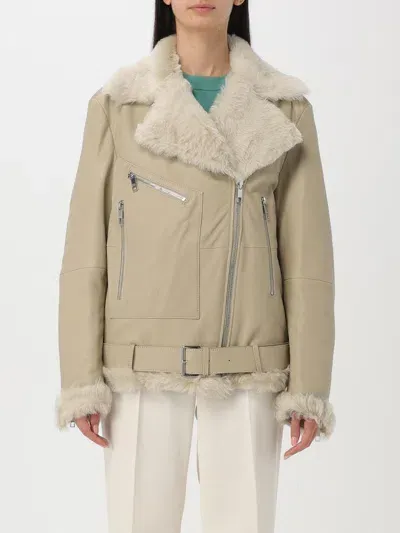 Hugo Boss Leather Jacket With Sheepskin Trims In Beige