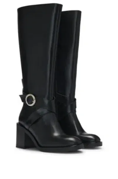 Hugo Boss Knee-high Boots In Leather With Buckled Strap In Black