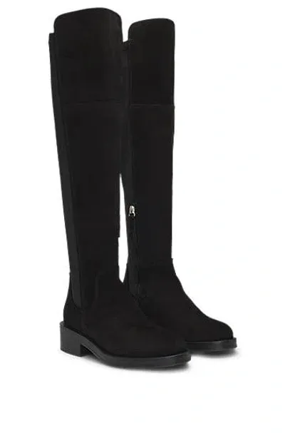 Hugo Boss Knee-high Boots In Suede In 黑色