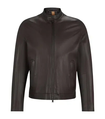 Hugo Boss Lamb Leather Jacket In Brown