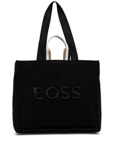 Hugo Boss Large Logo-embroidered Tote Bag In Black