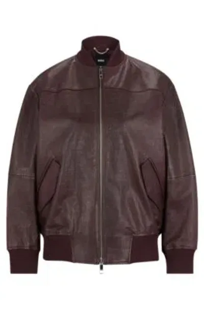 Hugo Boss Leather Bomber Jacket With Embossed Crocodile Motif In Light Red