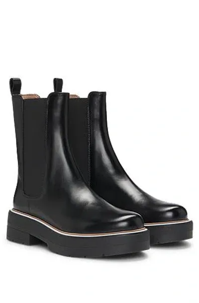 Hugo Boss Leather Chelsea Boots With Striped Welt And Chunky Sole In 黑色