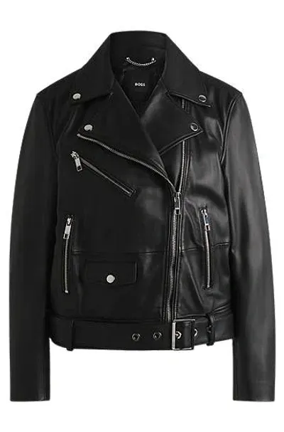 Hugo Boss Leather Jacket With Belt And Asymmetric Zip In Black