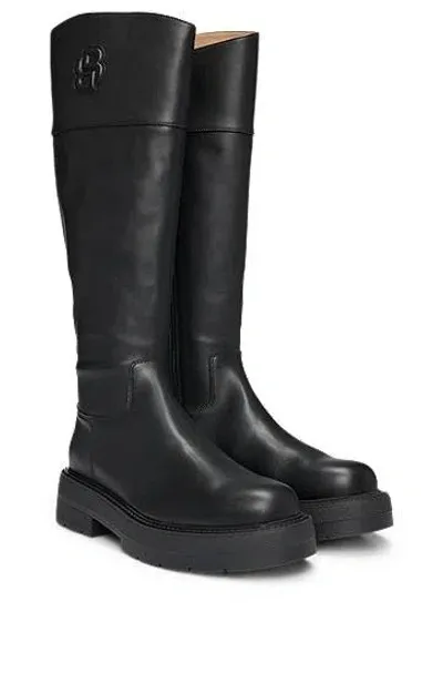 Hugo Boss Leather Knee Boots With Padded Double B Monogram In 005 Black