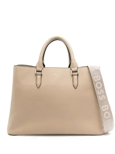 Hugo Boss Leather Tote Bag In Neutrals