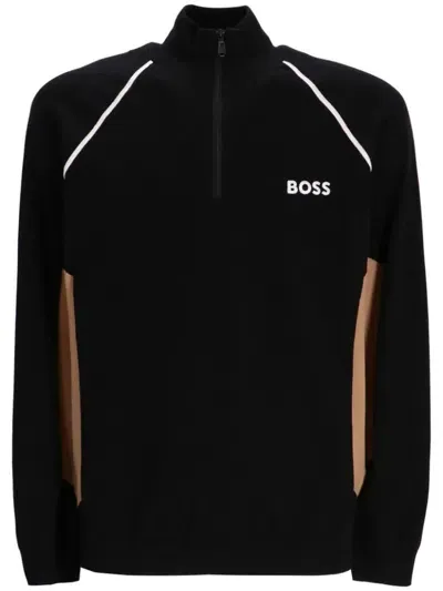 Hugo Boss Logo-embroidered Colour-block Sweater In Black