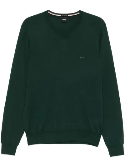 Hugo Boss Logo-embroidered Virgin Wool Polo Shirt In Green