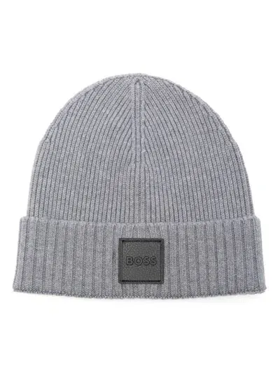 Hugo Boss Logo-patch Beanie Hat In Grey