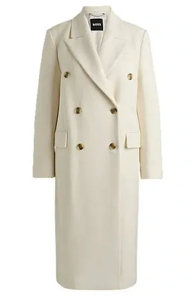 Hugo Boss Long-length Twill Coat With Double-breasted Closure In Natural