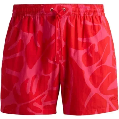 Hugo Boss Leaf-print Swim Shorts In Red