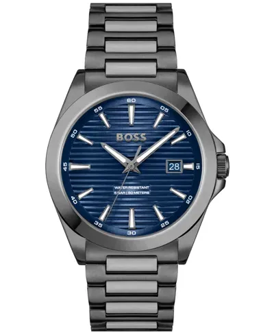 Hugo Boss Men's Strike Quartz Basic Calendar Ionic Plated Grey Steel Watch 41mm In Gray