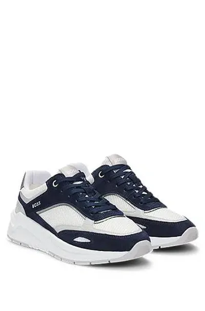 Hugo Boss Mixed-material Trainers With Suede And Mesh In White