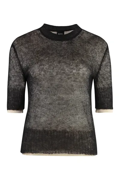 Hugo Boss Mohair Blend Crew-neck Sweater In Black