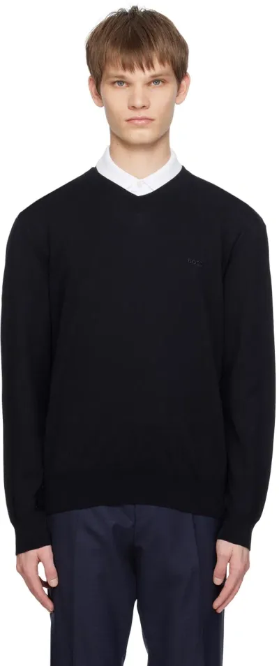 Hugo Boss Navy V-neck Sweater In Blue