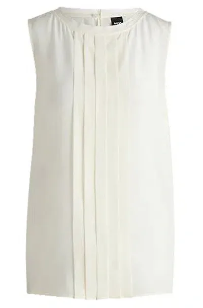 Hugo Boss Pleat-front Sleeveless Blouse In Washed Silk In White