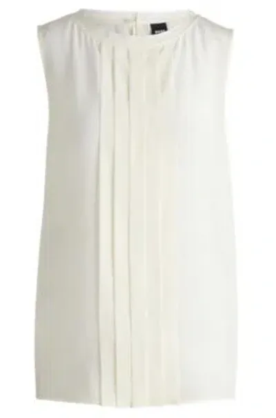 Hugo Boss Pleat-front Sleeveless Blouse In Washed Silk In White