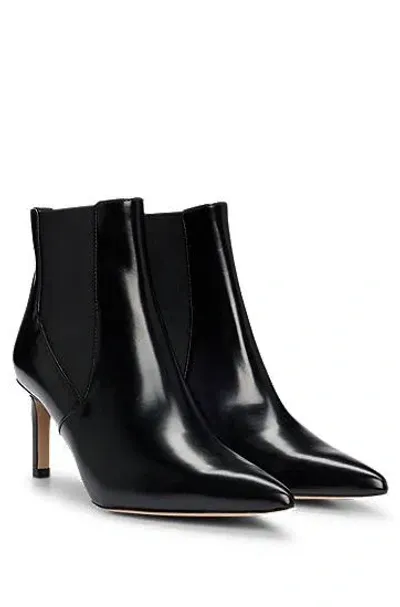 Hugo Boss Pointed-toe Boots In Leather With Stretch Panels In 黑色