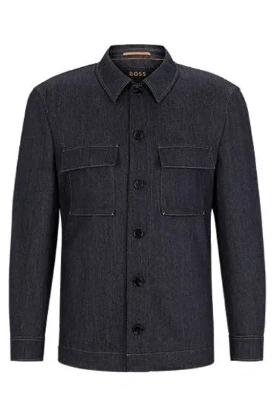 Hugo Boss Relaxed-fit Overshirt In Virgin-wool Denim In Dark Blue