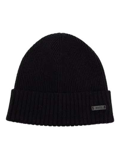 Hugo Boss Ribbed Beanie Hat In Responsible Virgin Wool In Blue