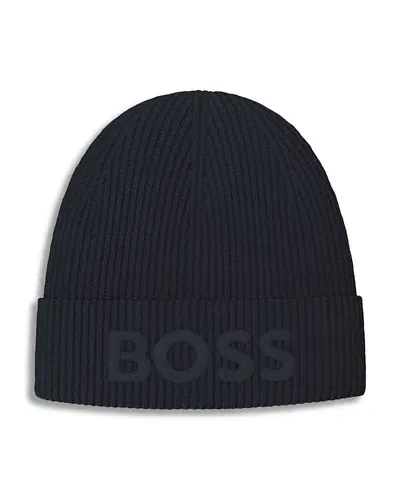 Hugo Boss Ribbed Beanie In Dark Blue