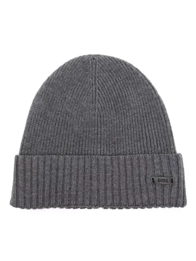 Hugo Boss Ribbed Beanie Hat In Gray