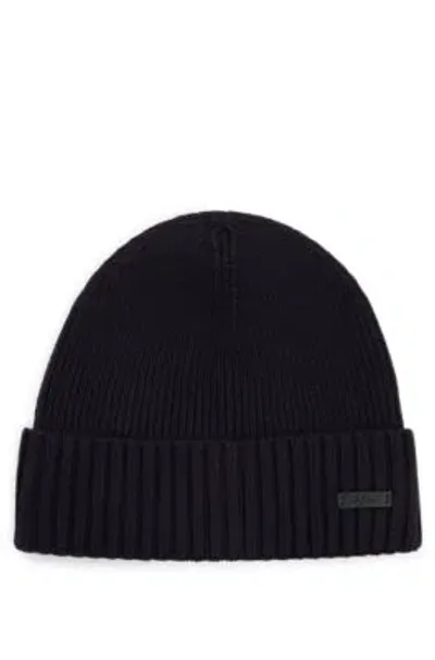 Hugo Boss Ribbed Beanie Hat In Virgin Wool In Dark Blue