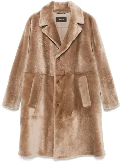 Hugo Boss Shearling Coat In Neutrals