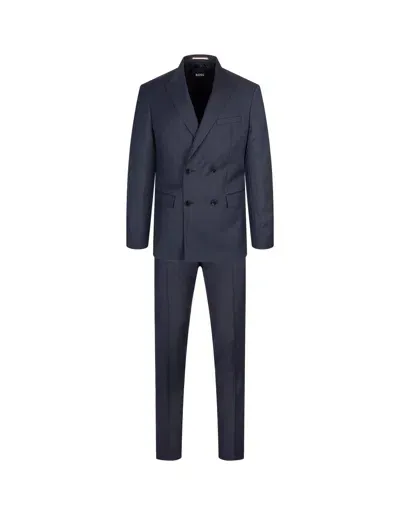 Hugo Boss Slim Fit Double-breasted Suit In Dark Blue Wool With Micro-motif