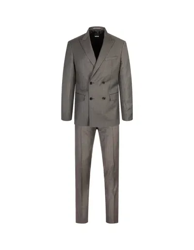 Hugo Boss Slim Fit Double-breasted Suit In Grey Wool With Micro-motif