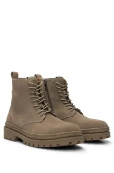 Hugo Boss Suede Lace-up Boots With Rubber Outsole In Light Green