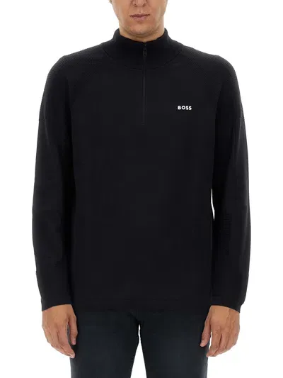 Hugo Boss Cotton-blend Zip-neck Sweater With Logo Detail In Blue