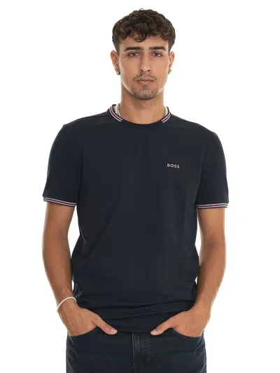 Hugo Boss Taul Mens Stretch-cotton T-shirt With Stripes And Logo Colo In Dark Blue 403