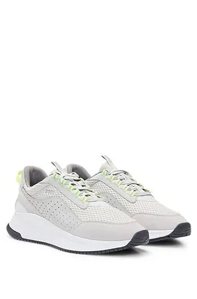 Hugo Boss Ttnm Evo Suede, Leather And Mesh Trainers With Ribbed Sole In 灰色