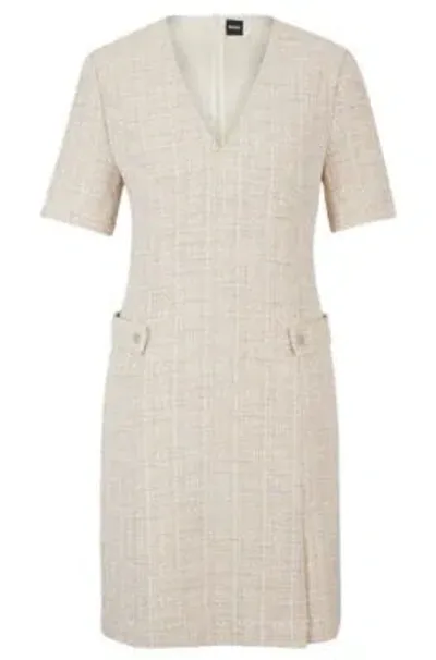 Hugo Boss V-neck Dress In Melange Tweed With Hardware-button Trims In Beige