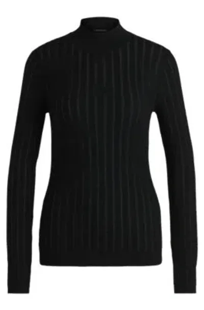 Hugo Boss Wool Sweater With Structured Stripes In Black