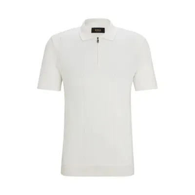 Hugo Boss Zip-neck Polo Shirt In Cotton And Silk In White