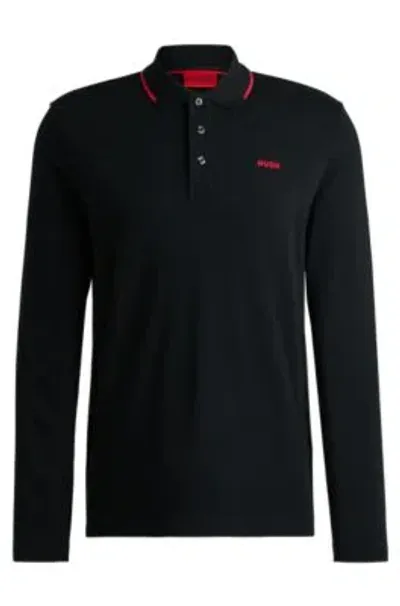 Hugo Cotton-piqu Polo Shirt With Stripes And Logo In Black