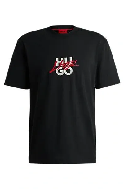 Hugo Cotton-jersey Relaxed-fit T-shirt With Double Logo In Black 001