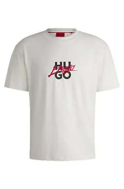 Hugo Cotton-jersey Relaxed-fit T-shirt With Double Logo In Natural