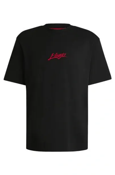 Hugo Cotton-jersey Relaxed-fit T-shirt With Logo Prints In Black 001