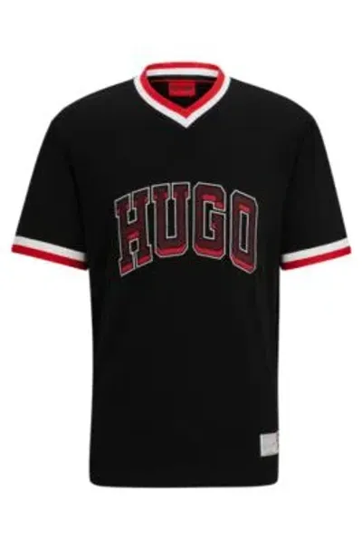 Hugo Cotton-jersey Relaxed-fit T-shirt With Sporty Logo In Black