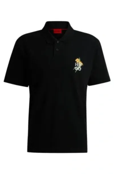 Hugo Cotton-piqu Polo Shirt With Logo Artwork In Black