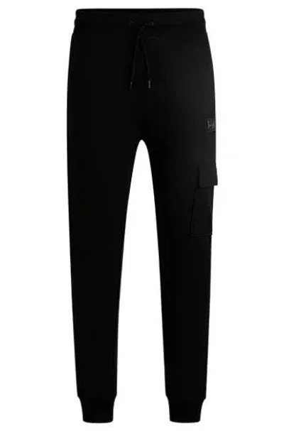 Hugo Cotton-terry Tracksuit Bottoms With Logo Trim In Black