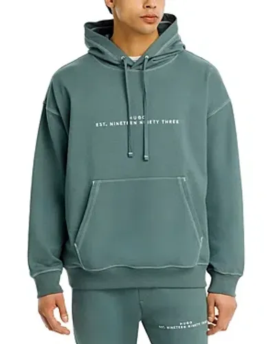 Hugo Embroidered-logo Cotton Hoodie In Dark Green