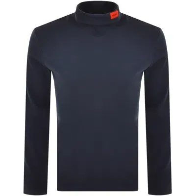 Hugo Long-sleeved Slim-fit T-shirt With Red Logo Label In Navy