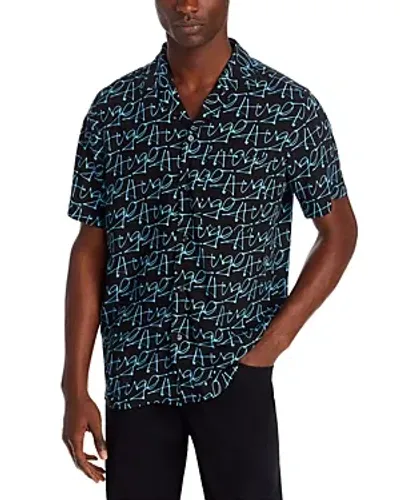 Hugo Ellino Logo Print Relaxed Fit Button Down Camp Shirt In Turquoise/aqua