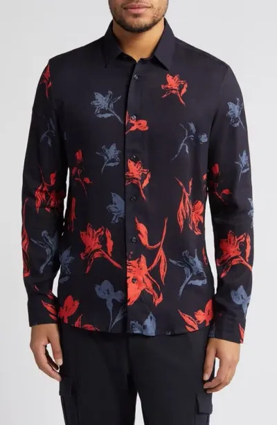 Hugo Emero Straight Fit Floral Button-up Shirt In Dark Blue